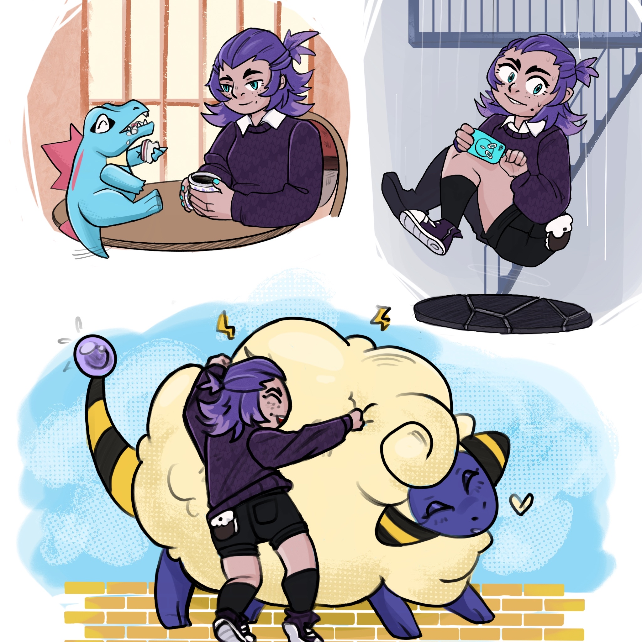 doodles of my Pokemon ZA trainer at a cafe, falling from a building, and hugging alpha mareep