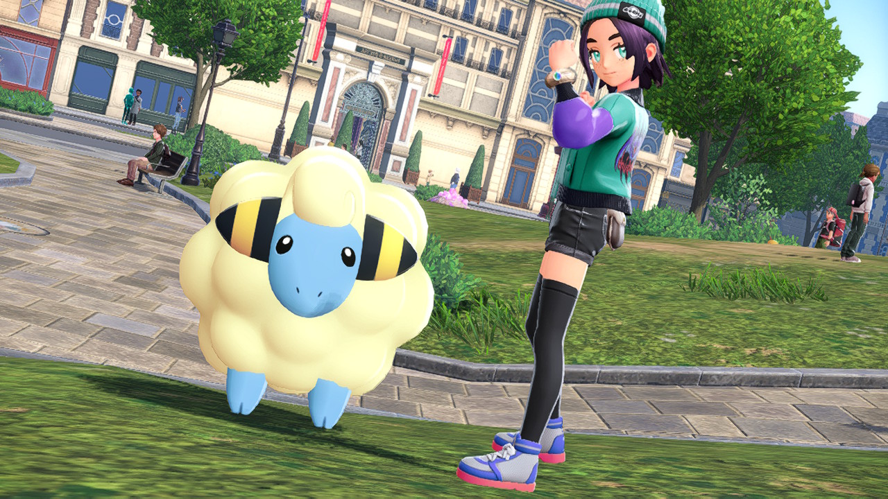 screenshot of Pokemon ZA, my trainer next to an Alpha Mareep
